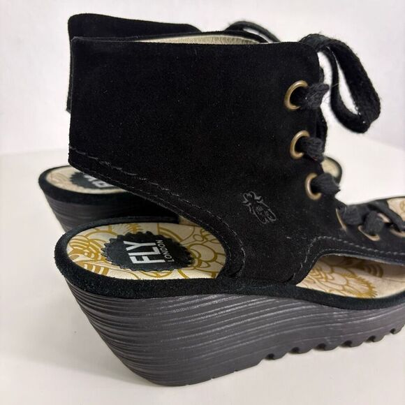 Fly London Black Suede Cutout Side & Open Toe Wedge Sandals Size 10-10.5 - Picture 7 of 12